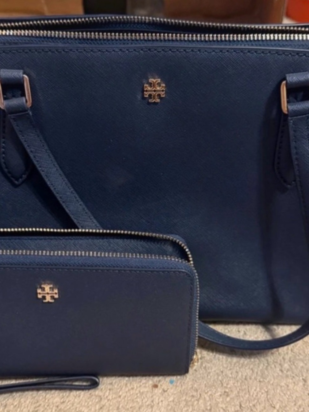 Tory Burch Navy Saffiano Leather Tote with Matching Wallet